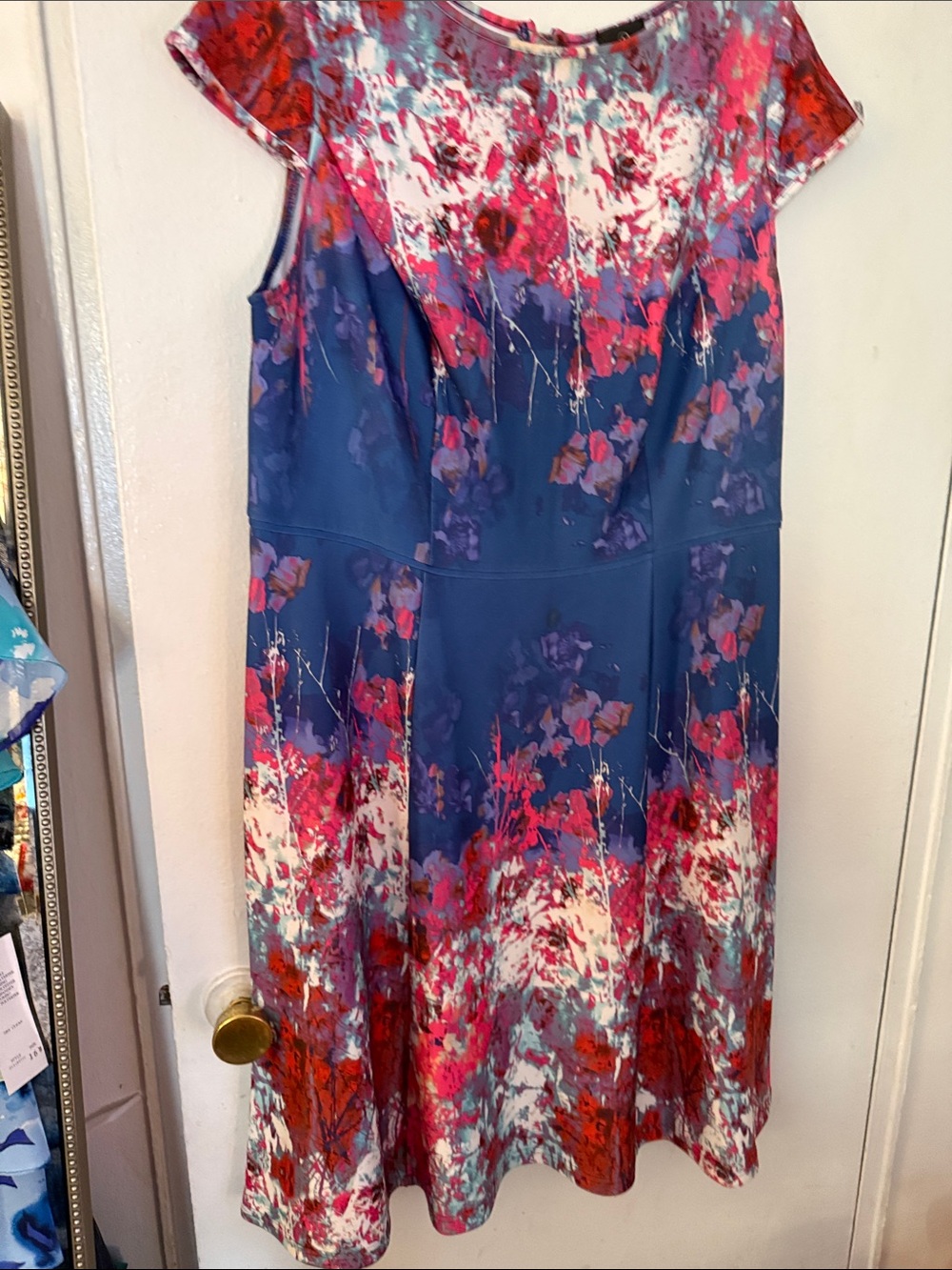 Adrianna Papell Blue Floral Scoop Neck A-Line Dress with Pink & Red Accents